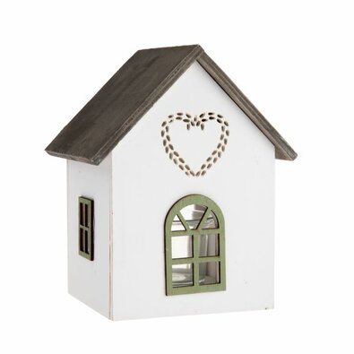 Leseni svečnik s stekleno hiško s srčkom, 15 cm,zelen