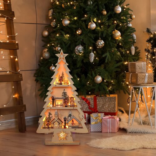 Solight LED dřevěný vánoční stromek s dekoracemi, 13x LED, 53 cm, 2x AA