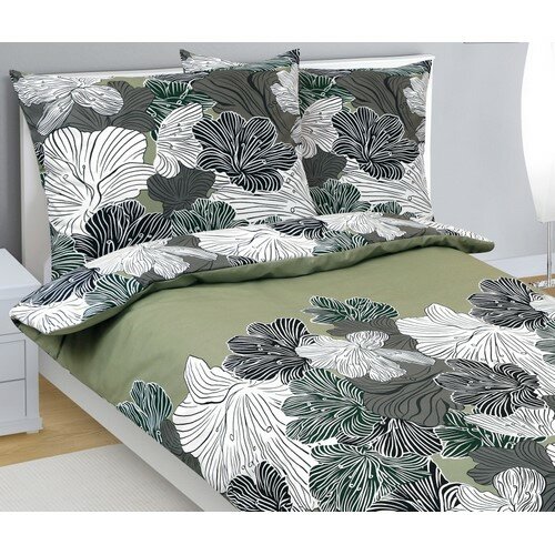 Bellatex Bawełniana pościel Kwiat khaki zielony,140 x 200 cm, 70 x 90 cm
