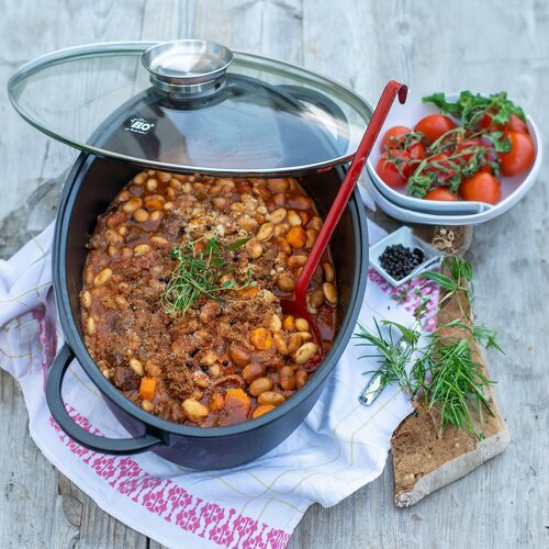 Elo 80038 Tavă de copt cu capac din sticlă șimâner cu aromă Alucast 38 x 25 cm