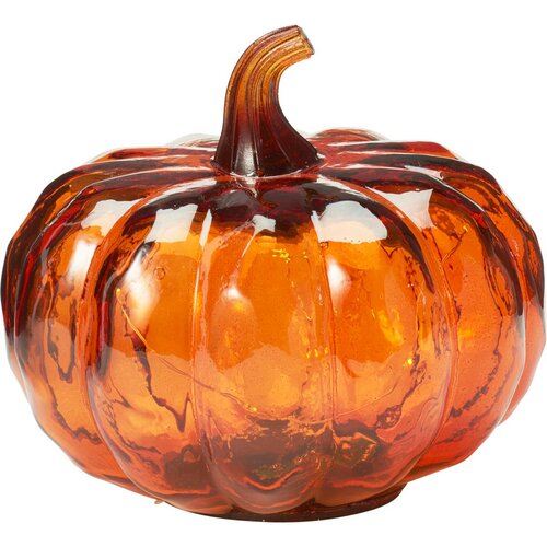 Üvegből készült világító tök 15 x 13 cm,narancssárga, 10 LED, elemes, időzítővel