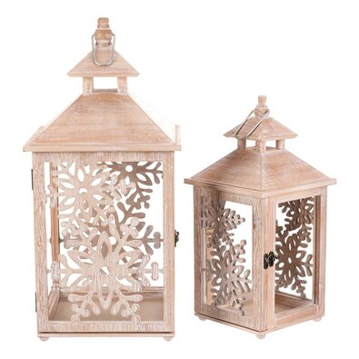 Zestaw latarni drewnianych Płatki śniegu 2 szt., naturalny