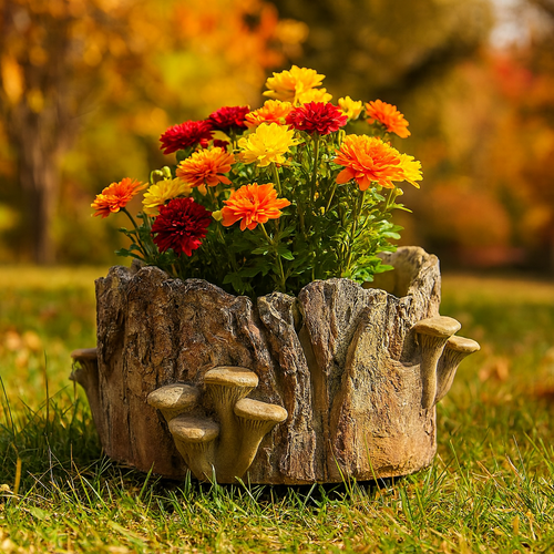 Beton-Übertopf – Baumstumpf mit Pilzen, 26 x 24 x 14 cm