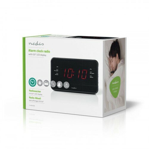 Nedis Ceas cu alarmă digital cu radio, ecran LEDde 0,9", negru