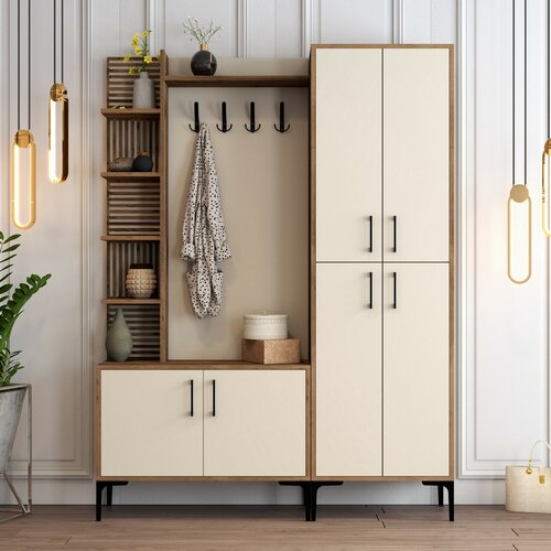 Wieszak z półką na buty, półkami i szafką Viyana Walnut and Cream