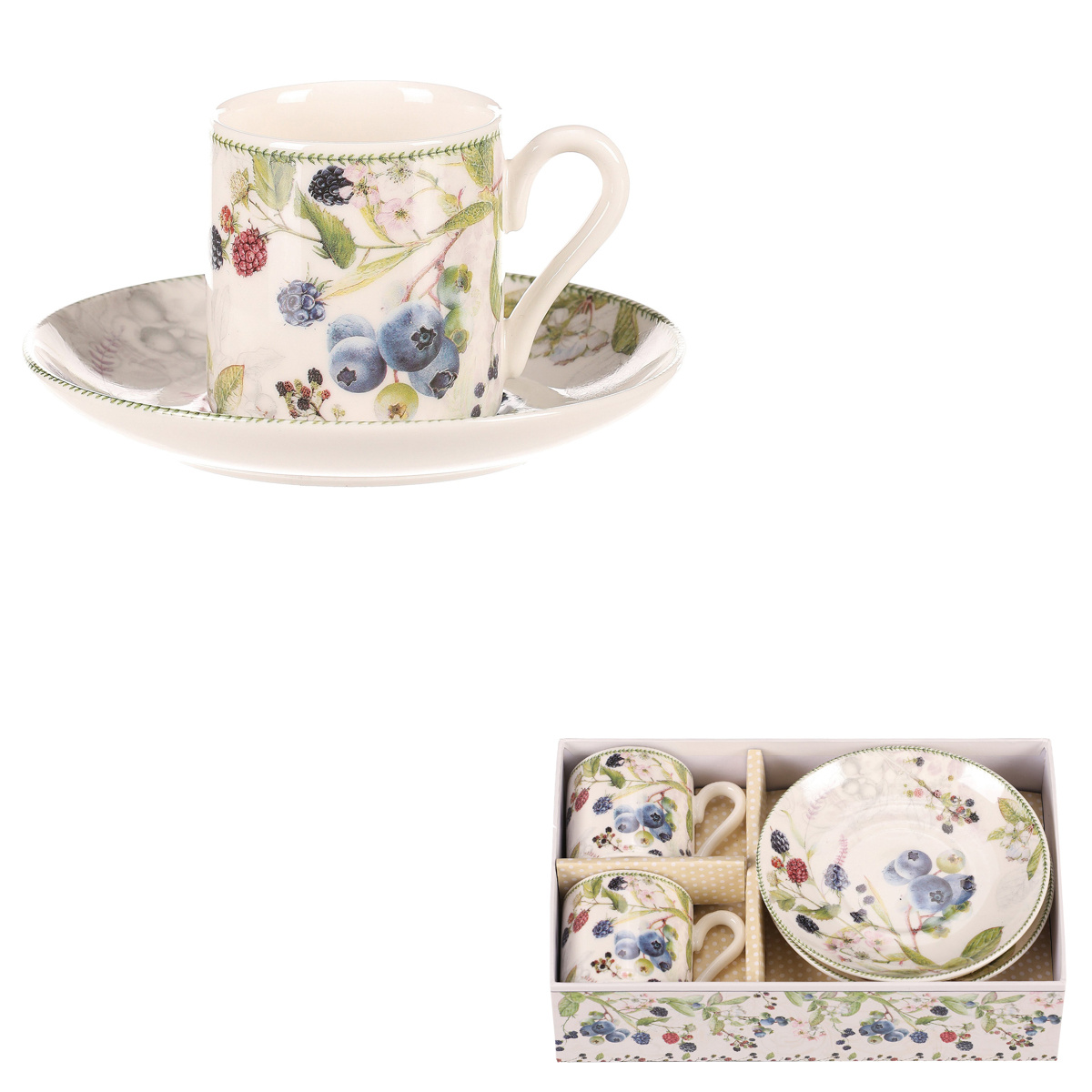 Erdei gyümölcsök porcelán bögre készlet csészealjjal , 2 db termék 2. képe
