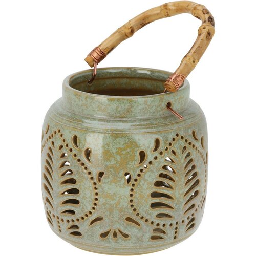 Felinar din porțelan cu mâner din bambus 14,5 x14 cm, verde