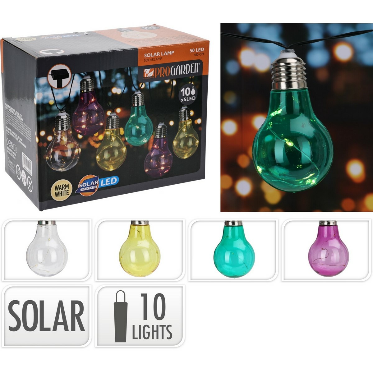 ProGarden napelemes izzólánc színes, 2 m , 10 x 5LED-es izzók