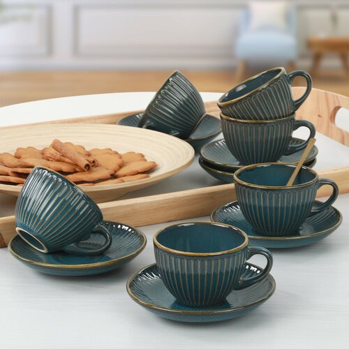 Zestaw 6 ceramicznych filiżanek z spodkami Linea 210 ml, naftowy
