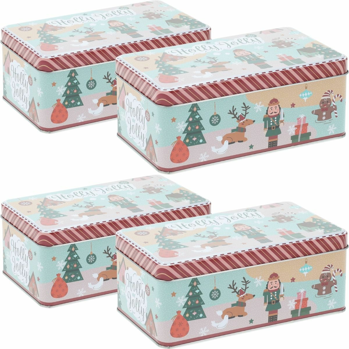 Zestaw 4 blaszanych pudełek świątecznych Holly Jolly, 18 × 11 × 7,1 cm, M