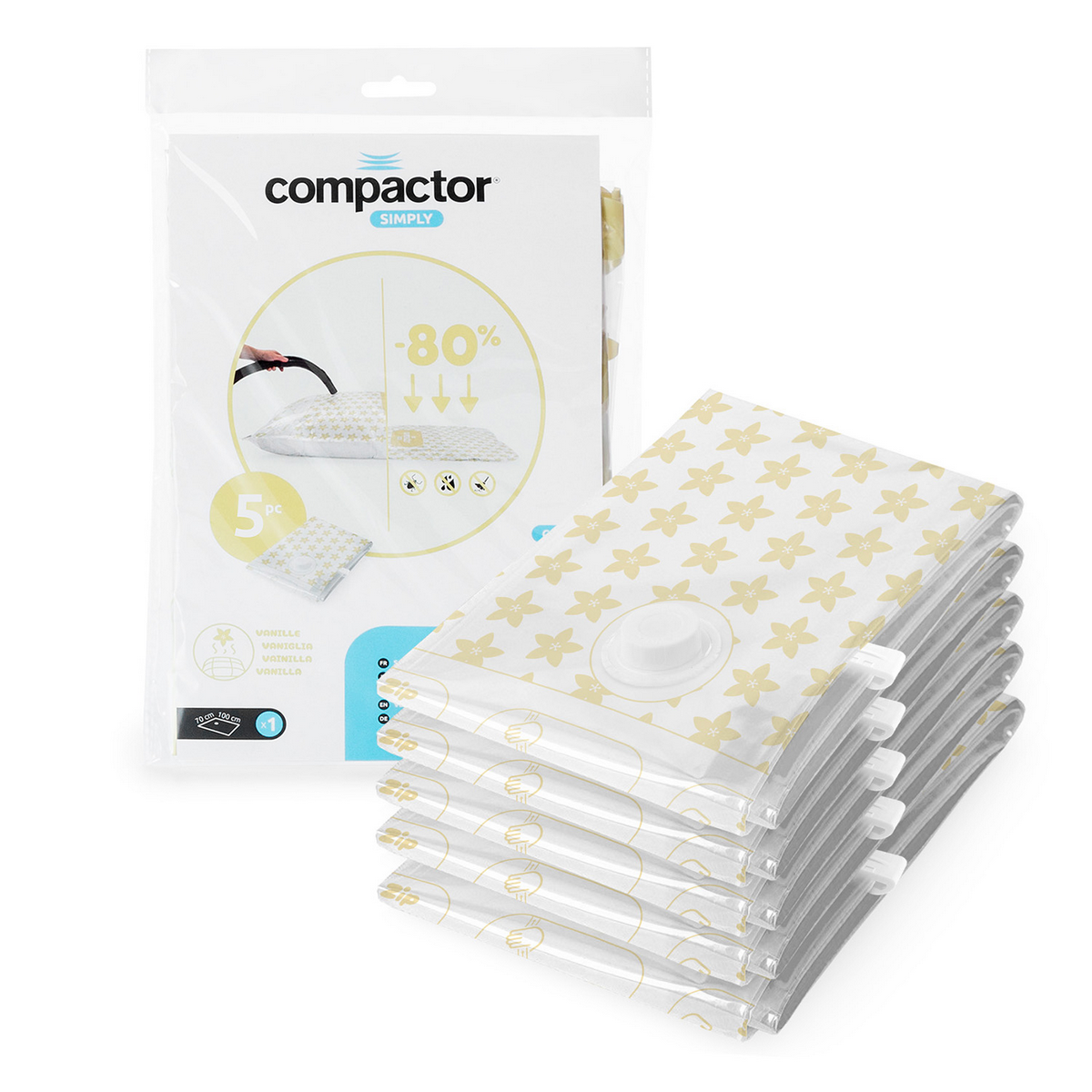 Vákuumtároló zsákok tömörítő készlete Compress LVanilla 100 l, 70 x 100 cm, 5 db, sárga, 5 db