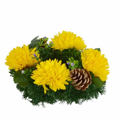 Dušičkový venček okrašen jesenskimi cvetovi 20 cm,rumena