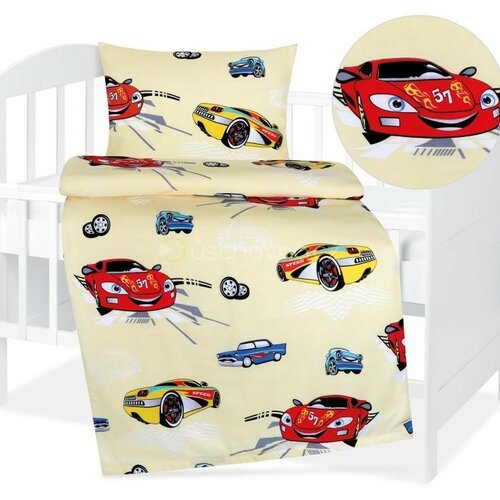 Bellatex Dziecięca pościel bawełniana Agata Samochody wyścigowe żółty, 90 x 135 cm, 45 x 60 cm
