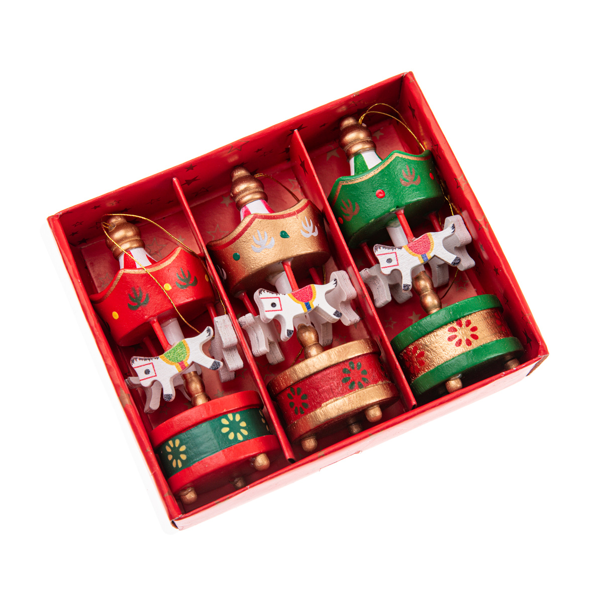 Drevené vianočné ozdoby Kolotoč s koníkmi 8 cm, SET 3 KS