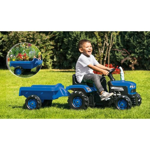 Dolu gyermek pedálos traktor pótkocsival, piros