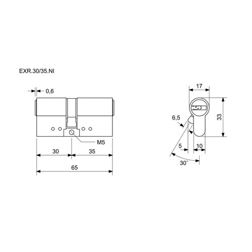 Richter EXR.30/35.NI cilindrična vložka 30+35 mm, 6 kos ključev