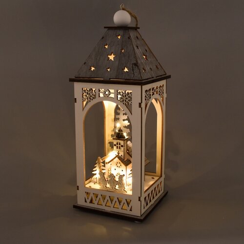 Drevený lampáš s vianočným motívom a LED osvetlením, 11 x 29 cm, teplá biela