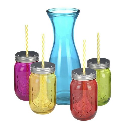 Sada farebných pohárov so slamkami 4 ks + karafa