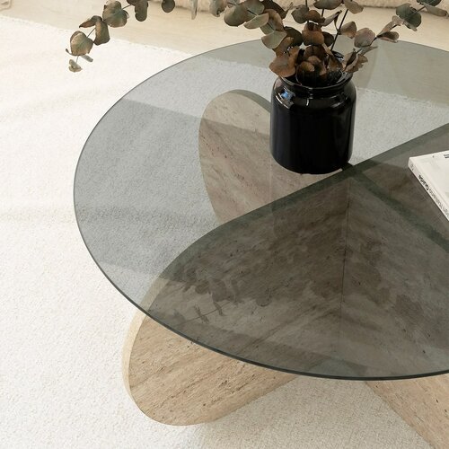 Couchtisch Bubble Travertine mit dunklem Glas