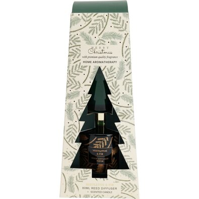 Zestaw upominkowy z dyfuzorem i świecami Merry Christmas, Mistletoe and fir, 2 szt.