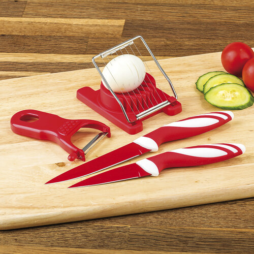 Kuchyňský set 2 nože, kráječ na vajíčka a škrabka