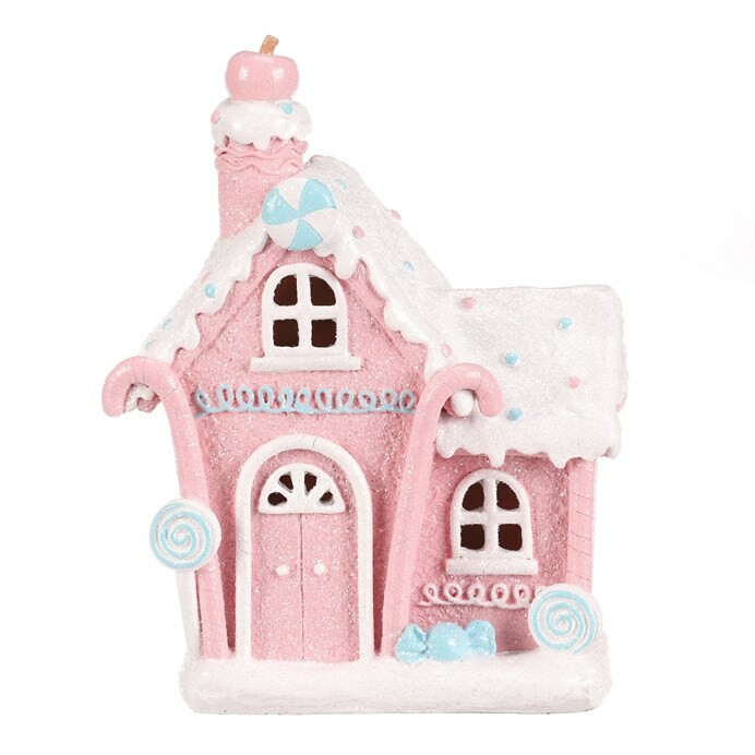 Vianočná dekorácia Cukrová chalúpka, polyrezín,LED, ružová