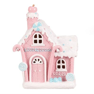 Dekoracja świąteczna Domek ze słodyczy, poliresin, LED, różowy