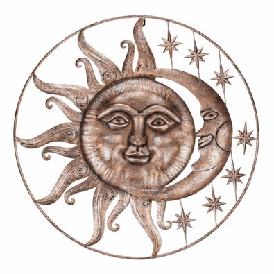 Decorațiune metalică de perete Soare cu lună dincupru, 68 x 4 x 68 cm