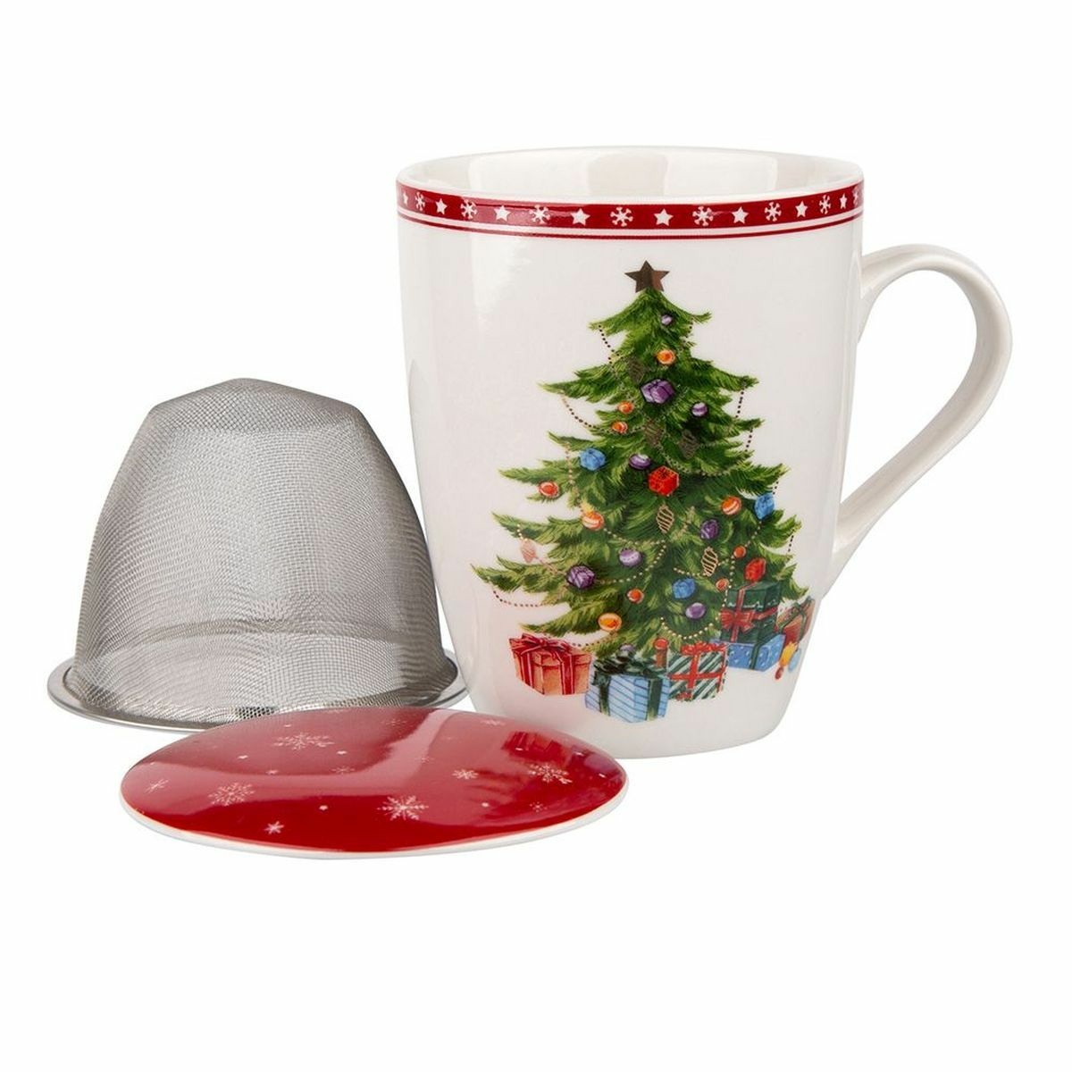 Altom Kubek porcelanowy z pokrywką i sitkiem Christmas tree, 300 ml