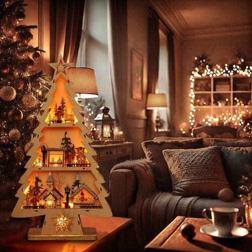 Solight LED drevený vianočný stromček s dekoráciami, 13x LED, 53 cm, 2x AA