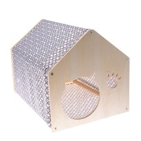 Dřevěný domeček pro kočky s látkou šedá, 51,5 x 39,5 x 38 cm