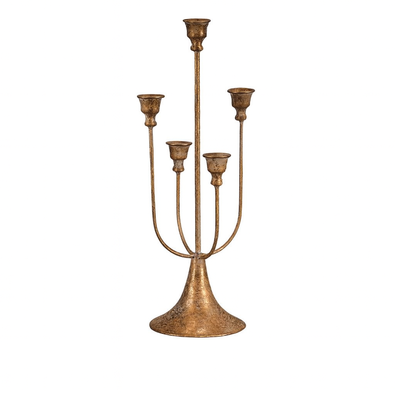 Kovový svietnik päťramenný, zlatá, 18 x 18 x 44 cm