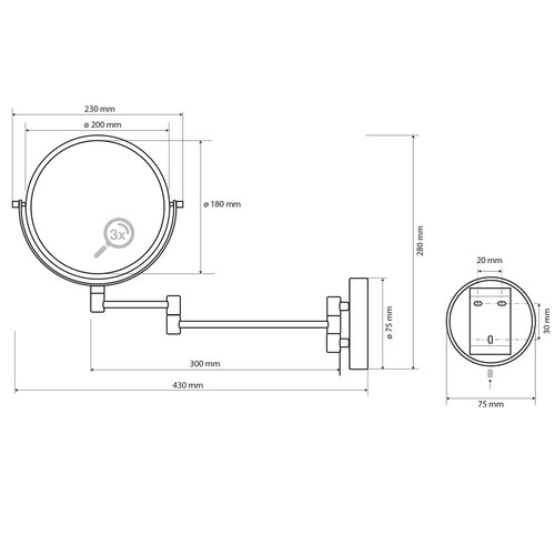 SAPHO XB001 X-Round black підвісне косметичне дзеркало, діам. 19 см, чорне