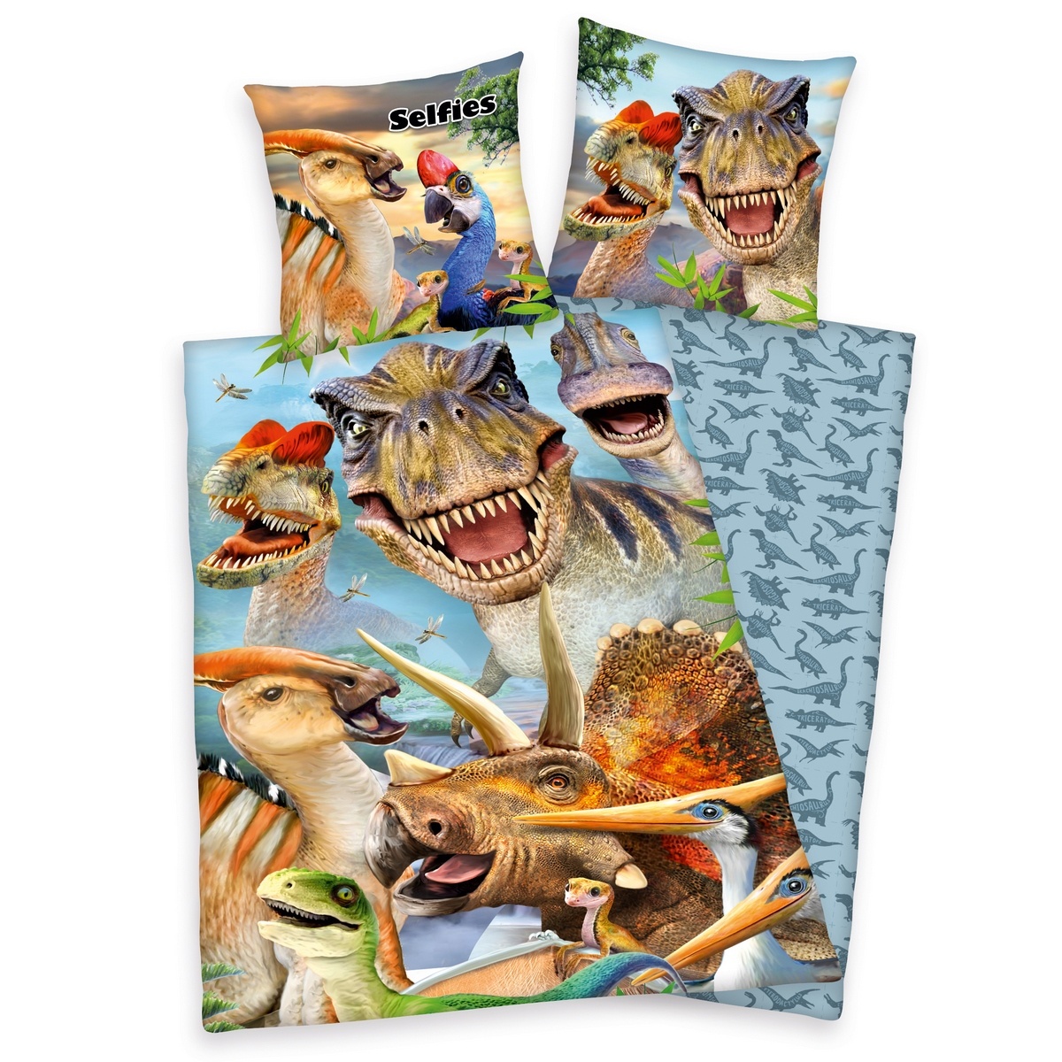 Poza Lenjerie de pat copii, din bumbac, Dinozauri, 140 x 200 cm, 70 x 90 cm