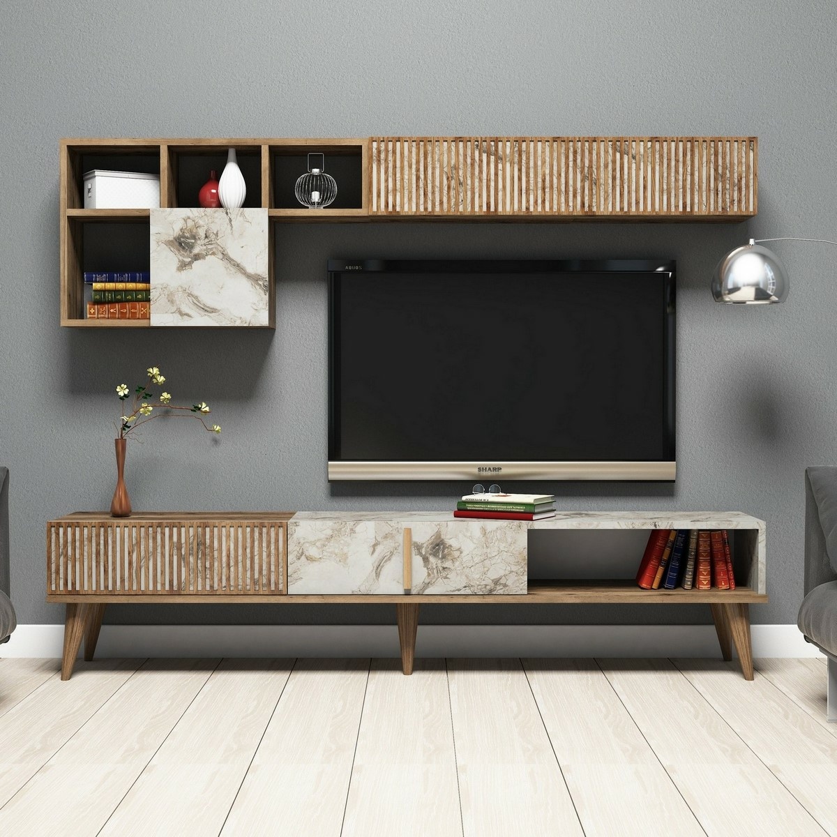 Televízna stena Milan Walnut and White Marble