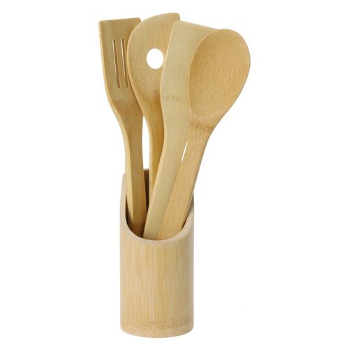 Excellent Houseware Set lesene kuhinjskepripomočke v stojalu, 5 kosov