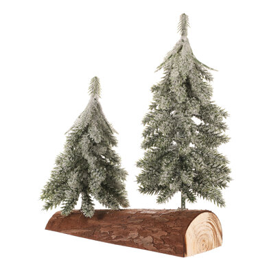 Karácsonyi hóval borított mini fák egy rönkön, 20 cm