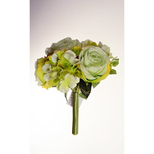 Rózsa hortenziával művirág csokor, zöld, 26 cm