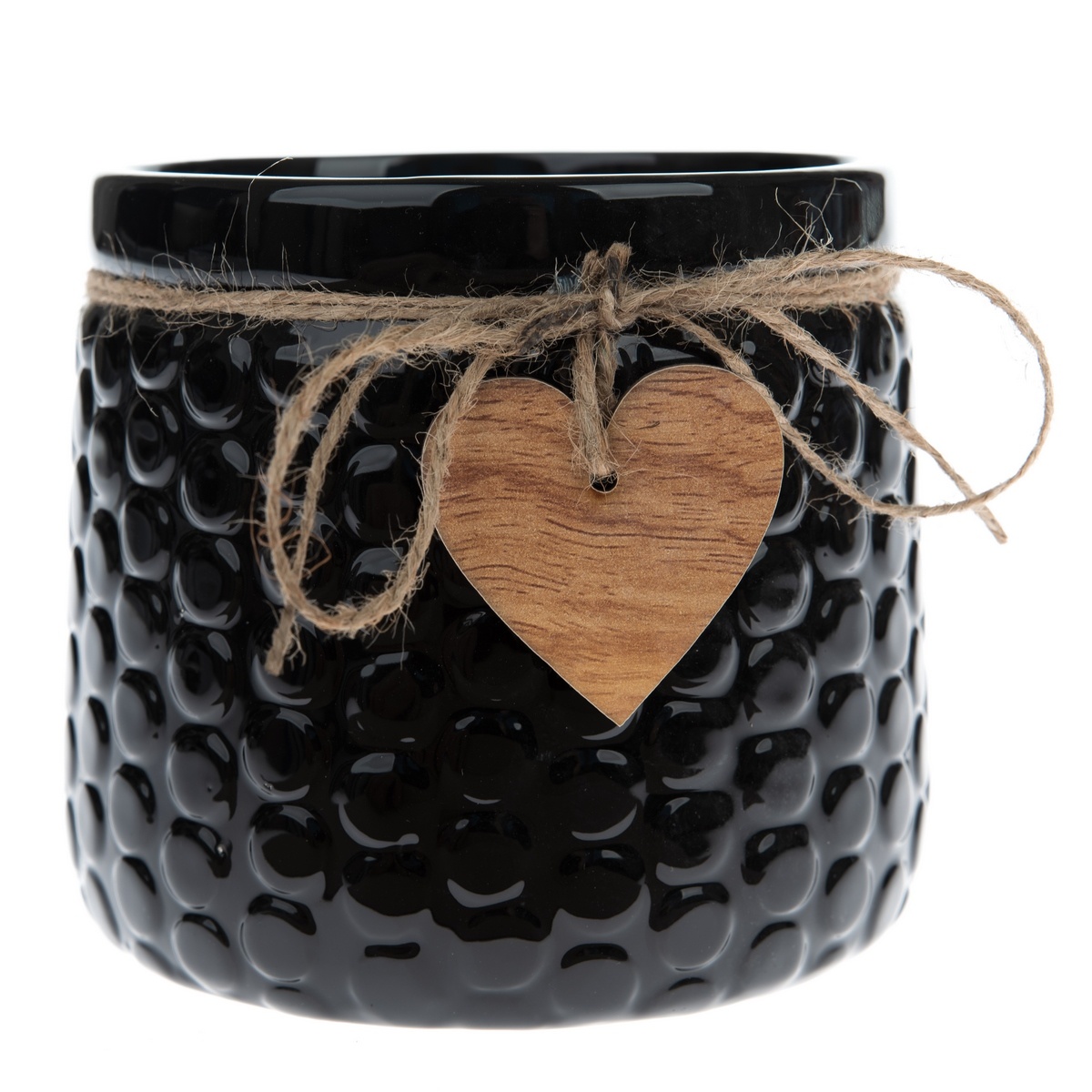 Keramický obal na kvetináč Wood heart čierna, 12,5 x 14 cm