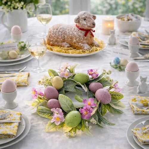 Coroniță de Paște cu flori și ouă violetdeschis, diametru 25 cm