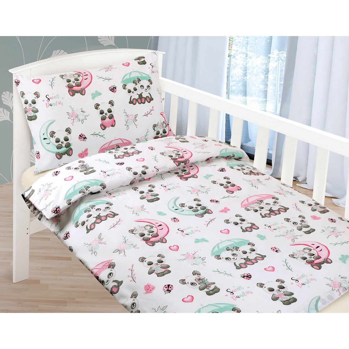 Poza Lenjerie de pat din bumbac, pentru copii, AgataUrsulet Panda, 90 x 135 cm, 45 x 60 cm