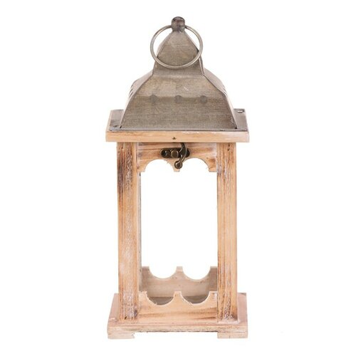 Fa lámpa fém tetővel, magasság 29 cm, természetesszínű