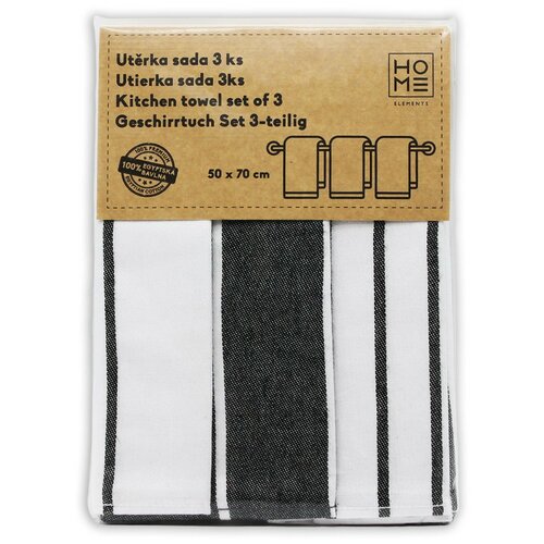 Fekete csíkos egyiptomi pamutból készült konyharuha, 50 x 70 cm, 3 db-os szett
