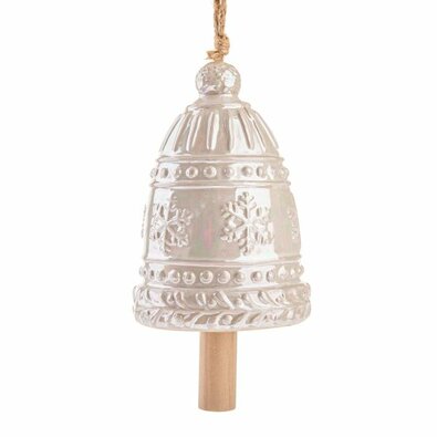 Clopoțel mare din ceramică cu fulgi de zăpadă, 16 cm, crem perlat