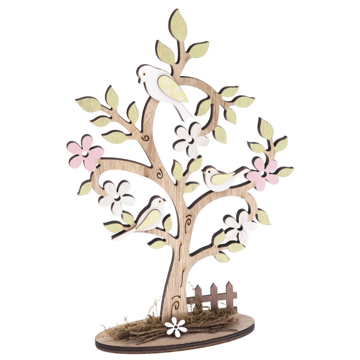 Dřevěná dekorace Kvetoucí strom s plůtkem, 18,5 x 27,5 cm