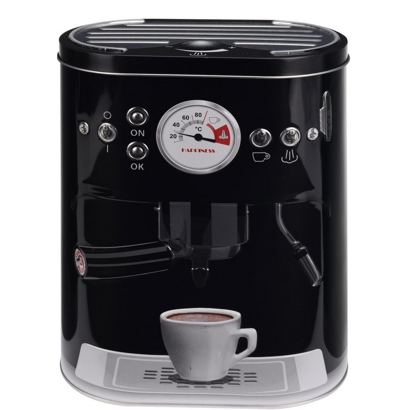 Plechová dóza s motívom kávovaru čierna