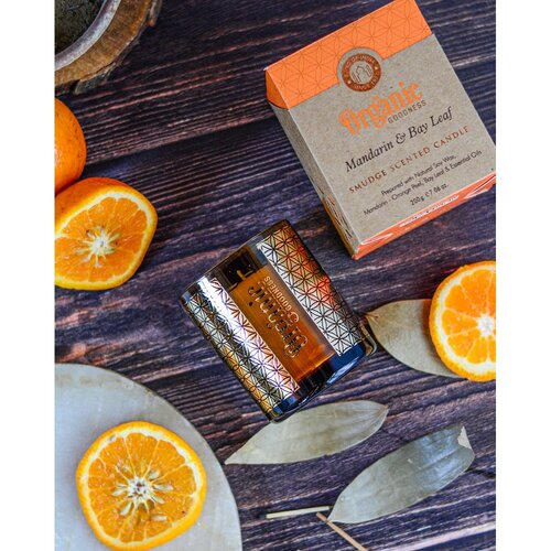 Organska kadilna sveča Mandarin &amp; Bay Leaf 200g v steklenem kozarcu z zlato folijo