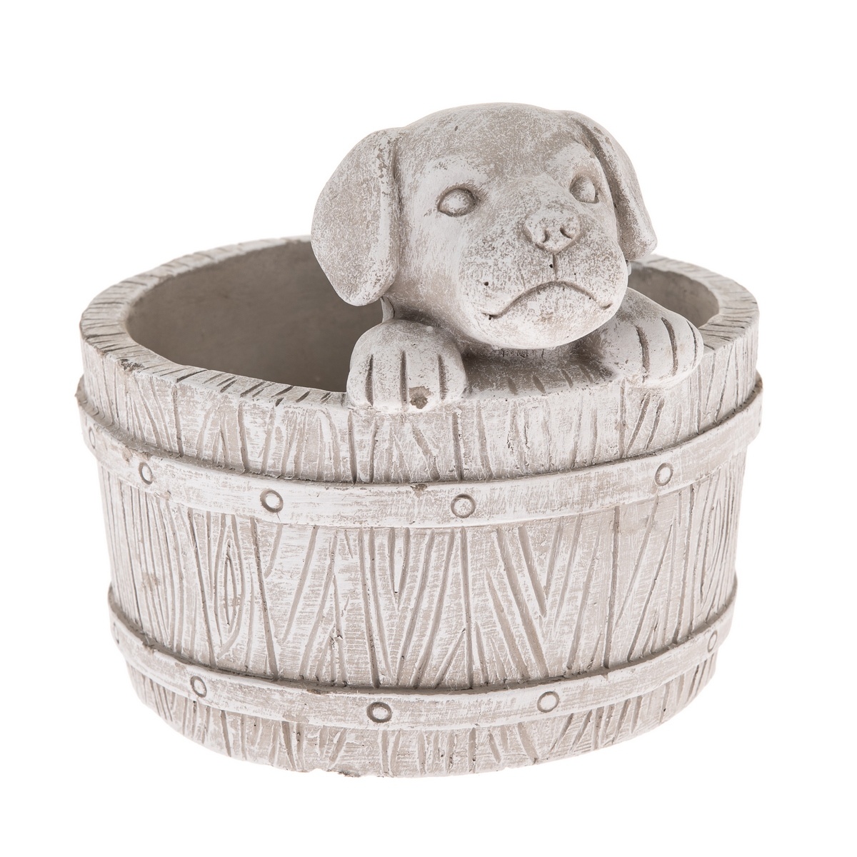 Capac pentru oală din beton Câine într-un butoimaro deschis, 17 x 19 cm