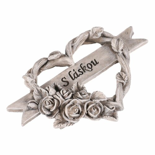 Pietní dekorace Srdce s růžemi a stuhou, polyresin, 9 x 9 x 2 cm