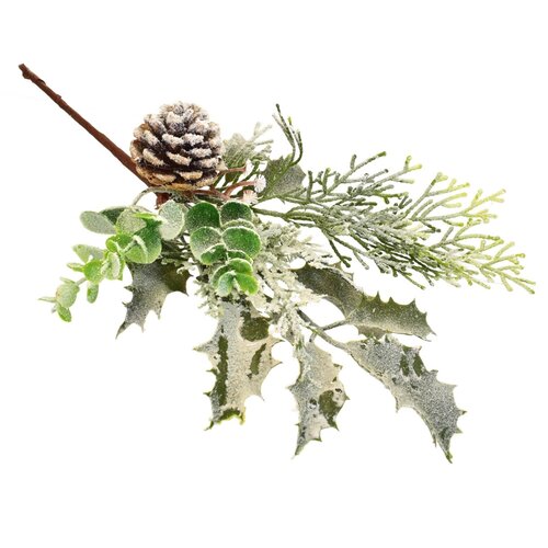 Zimowa gałąź ze szronem i szyszką, 35 cm